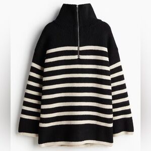H&M Black & Cream Rib Knit Half Zip Sweater